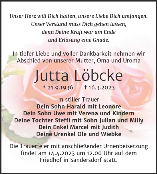Traueranzeige von Jutta Löbcke von Trauerkombi Bitterfeld