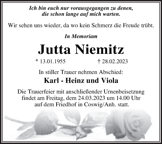 Traueranzeige von Jutta Niemitz von Trauerkombi Wittenberg