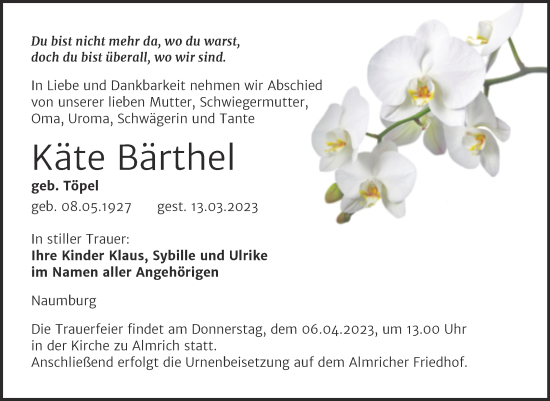 Traueranzeige von Käte Bärthel von Wochenspiegel Naumburg/Nebra
