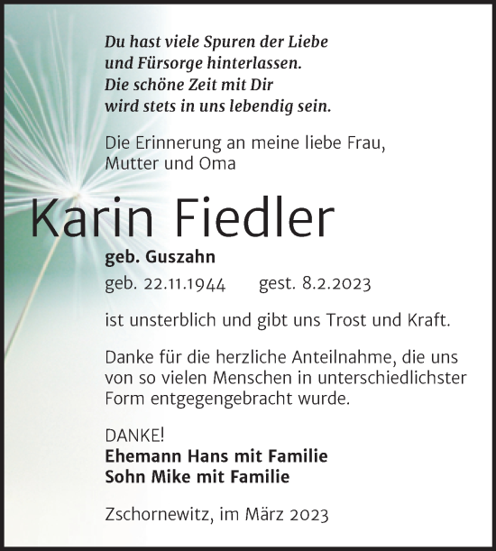 Traueranzeige von Karin Fiedler von Trauerkombi Wittenberg