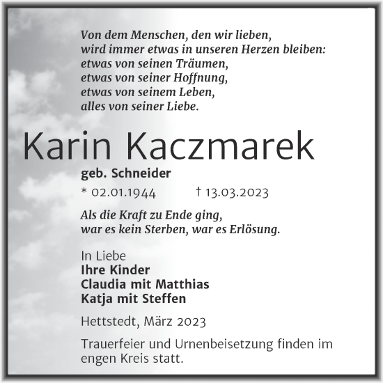 Traueranzeige von Karin Kaczmarek von Mitteldeutsche Zeitung Mansfelder Land