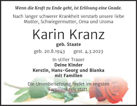 Traueranzeige von Karin Kranz von Trauerkombi Köthen