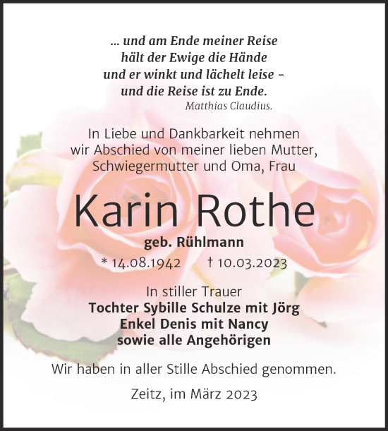 Traueranzeige von Karin Rothe von Trauerkombi Zeitz