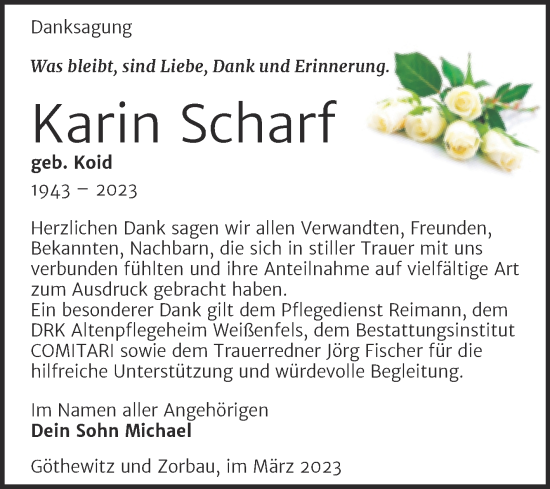 Traueranzeige von Karin Scharf von Trauerkombi Weißenfels