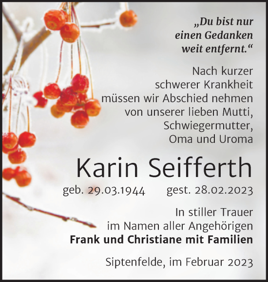 Traueranzeige von Karin Seifferth von Trauerkombi Quedlinburg