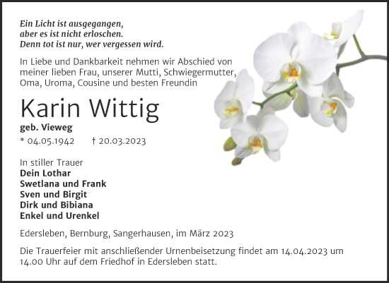 Traueranzeige von Karin Wittig von Trauerkombi Sangerhausen