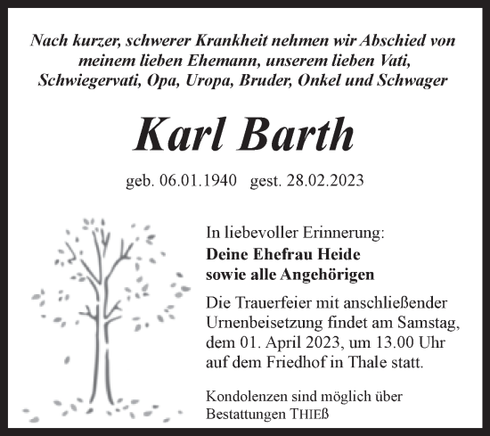 Traueranzeige von Karl Barth von Trauerkombi Quedlinburg