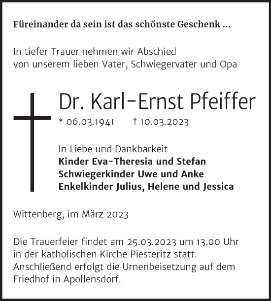 Traueranzeige von Karl-Ernst Pfeiffer von Trauerkombi Wittenberg