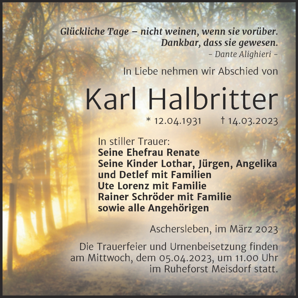  Traueranzeige für Karl Halbritter vom 22.03.2023 aus Trauerkombi Aschersleben
