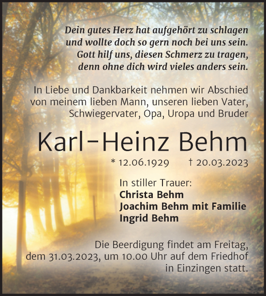 Traueranzeige von Karl-Heinz Behm von Trauerkombi Sangerhausen