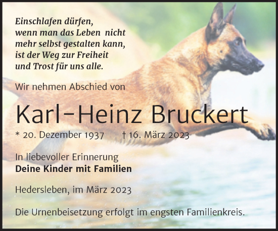 Traueranzeige von Karl-Heinz Bruckert von Trauerkombi Quedlinburg