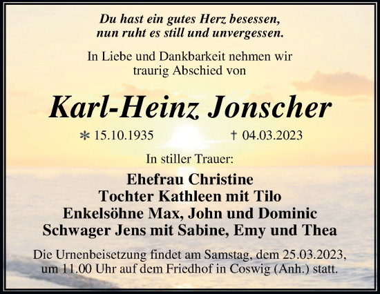 Traueranzeige von Karl-Heinz Jonscher von Trauerkombi Dessau