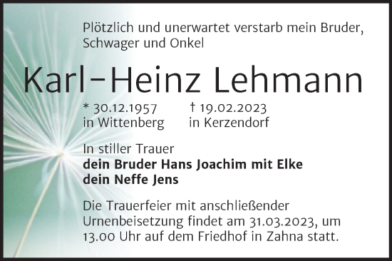 Traueranzeige von Karl-Heinz Lehmann von Trauerkombi Wittenberg
