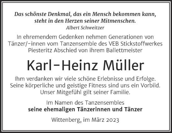 Traueranzeige von Karl-Heinz Müller von Trauerkombi Wittenberg