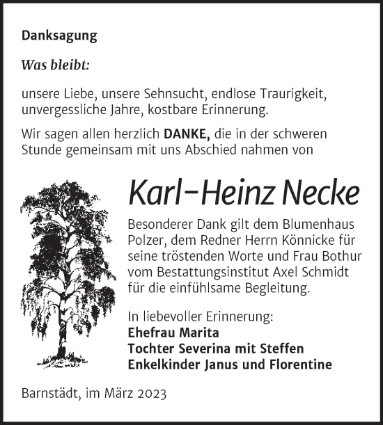 Traueranzeige von Karl-Heinz Necke von Trauerkombi Merseburg