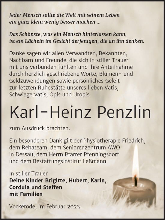 Traueranzeige von Karl-Heinz Penzlin von Trauerkombi Wittenberg
