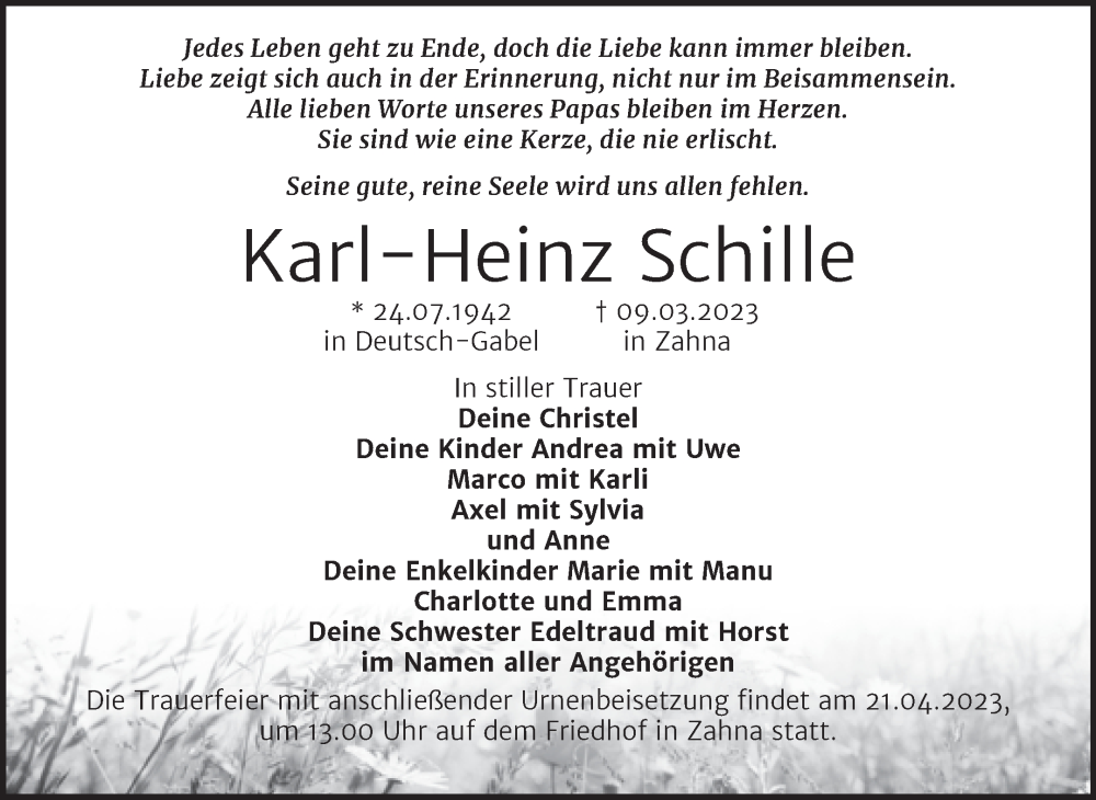  Traueranzeige für Karl-Heinz Schille vom 18.03.2023 aus Trauerkombi Wittenberg