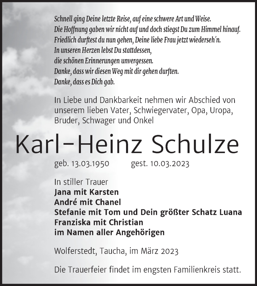  Traueranzeige für Karl-Heinz Schulze vom 17.03.2023 aus Trauerkombi Sangerhausen
