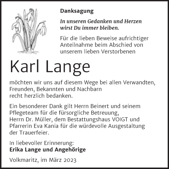 Traueranzeige von Karl Lange von Trauerkombi Mansfelder Land