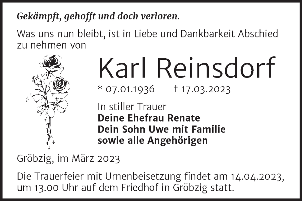  Traueranzeige für Karl Reinsdorf vom 25.03.2023 aus Trauerkombi Köthen