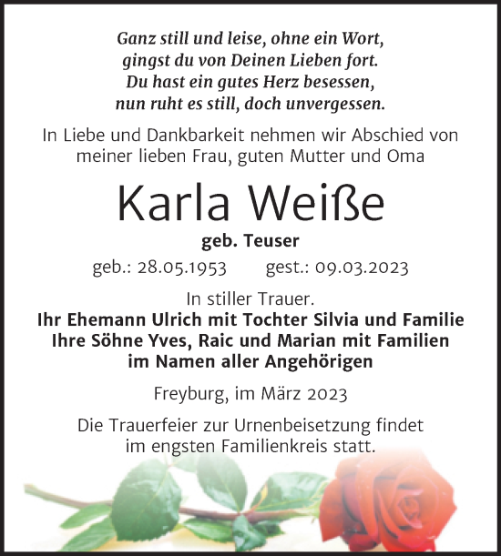 Traueranzeige von Karla Weiße von Wochenspiegel Naumburg/Nebra