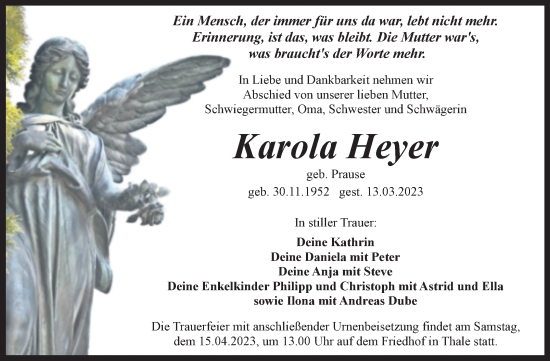 Traueranzeige von Karola Heyer von Trauerkombi Quedlinburg