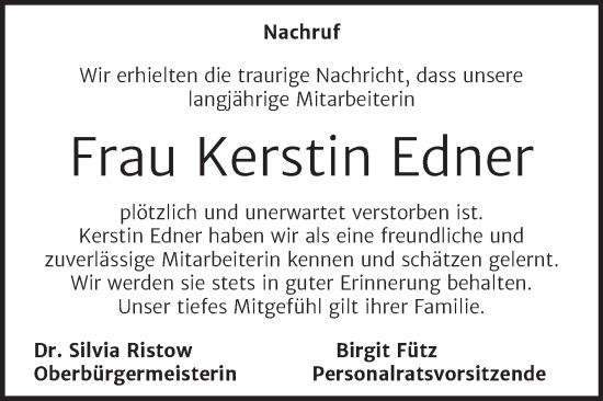 Traueranzeige von Kerstin Edner von Super Sonntag Bernburg
