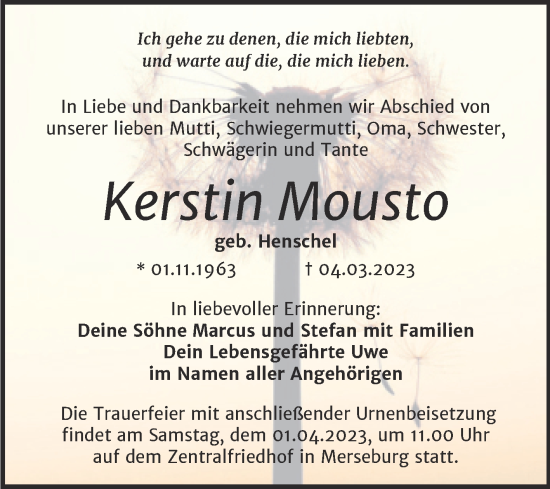 Traueranzeige von Kerstin Mousto von Trauerkombi Merseburg
