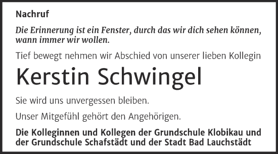 Traueranzeige von Kerstin Schwingel von Super Sonntag Merseburg/Querfurt