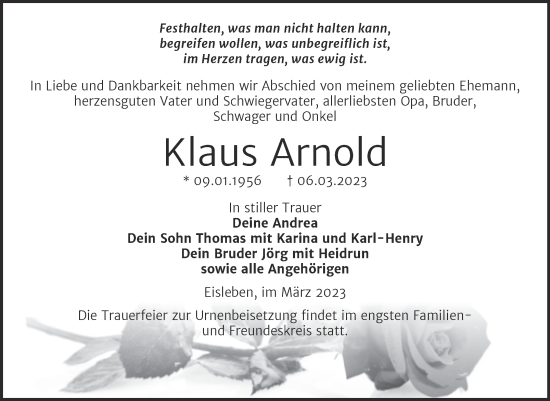 Traueranzeige von Klaus Arnold von Trauerkombi Mansfelder Land