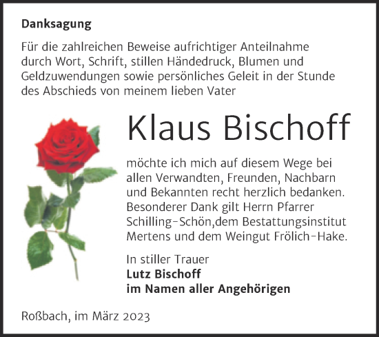 Traueranzeige von Klaus Bischoff von Wochenspiegel Naumburg/Nebra