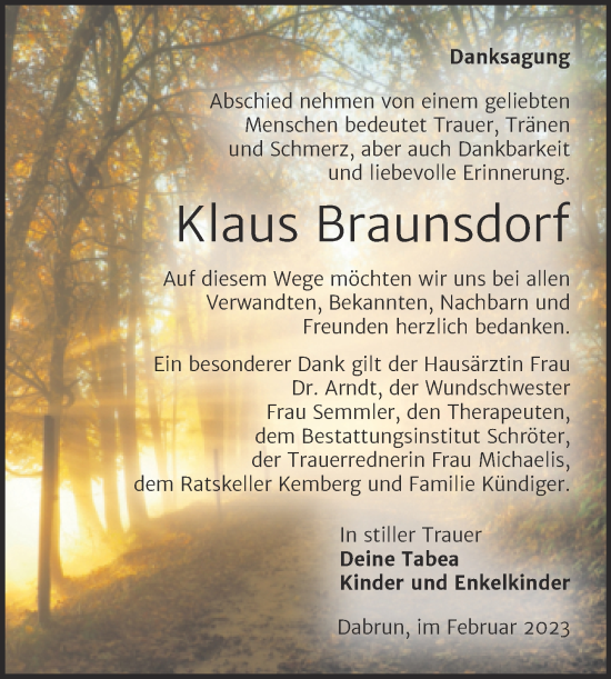 Traueranzeige von Klaus Braunsdorf von Trauerkombi Wittenberg