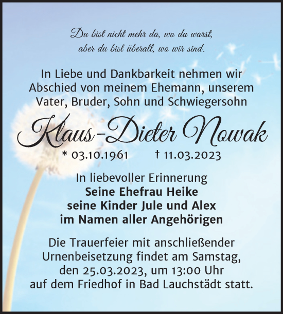 Traueranzeige von Klaus-Dieter Nowak von Super Sonntag Naumburg/Nebra