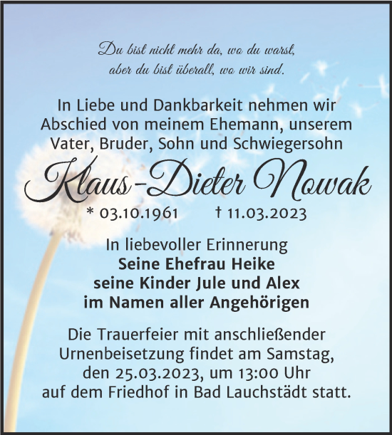 Traueranzeige von Klaus-Dieter Nowak von Trauerkombi Merseburg