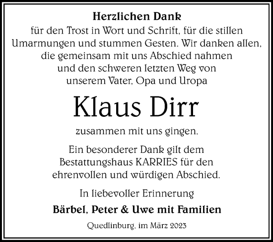Traueranzeige von Klaus Dirr von Trauerkombi Quedlinburg