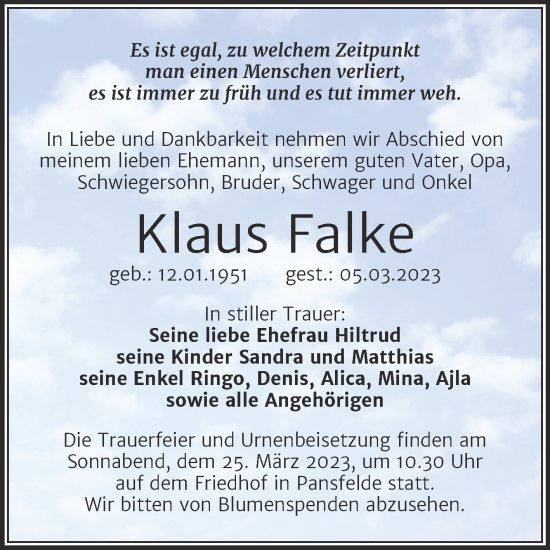 Traueranzeige von Klaus Falke von Trauerkombi Quedlinburg