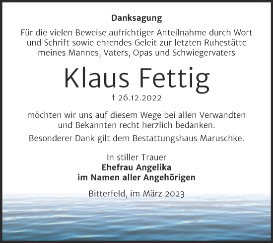 Traueranzeige von Klaus Fettig von Trauerkombi Bitterfeld