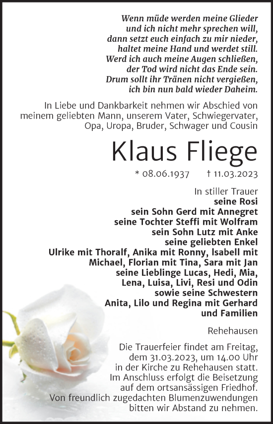 Traueranzeige von Klaus Fliege von Wochenspiegel Naumburg/Nebra