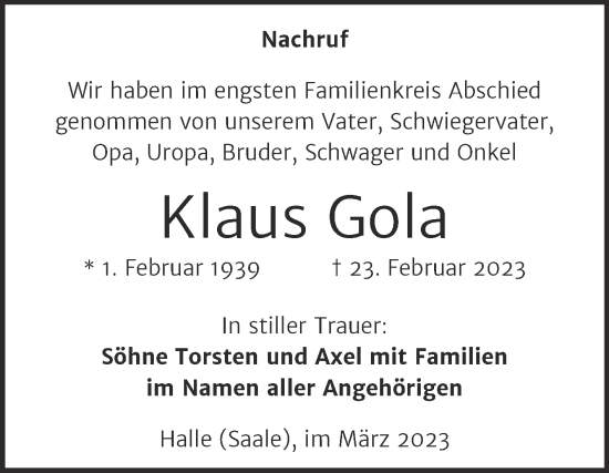 Traueranzeige von Klaus Gola von Mitteldeutsche Zeitung Halle/Saalkreis