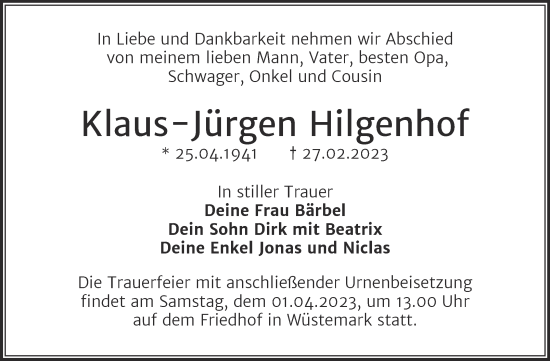 Traueranzeige von Klaus-Jürgen Hilgenhof von Trauerkombi Wittenberg