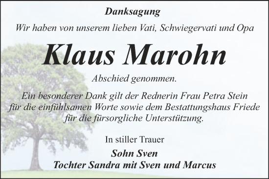 Traueranzeige von Klaus Marohn von Trauerkombi Dessau