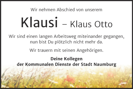 Traueranzeige von Klaus Otto von Wochenspiegel Naumburg/Nebra