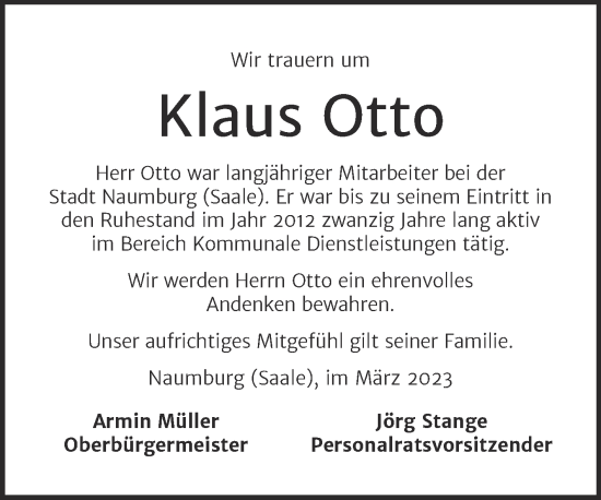 Traueranzeige von Klaus Otto von Naumburger Tageblatt