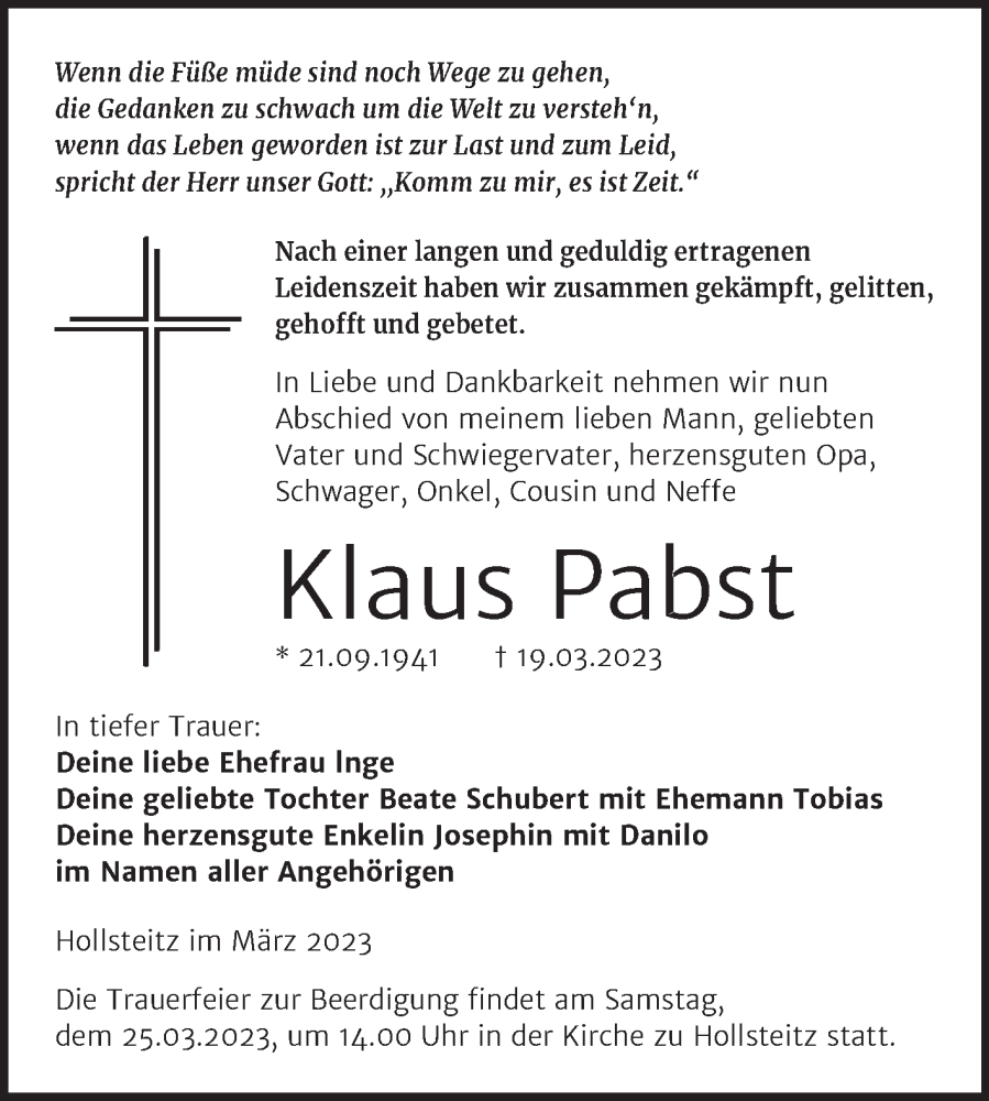  Traueranzeige für Klaus Pabst vom 23.03.2023 aus Trauerkombi Zeitz