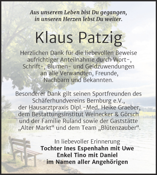 Traueranzeige von Klaus Patzig von Trauerkombi Bernburg