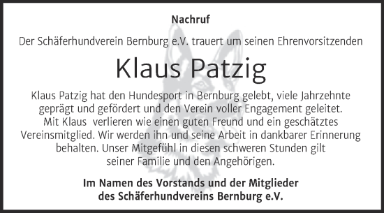 Traueranzeige von Klaus Patzig von Super Sonntag Bernburg