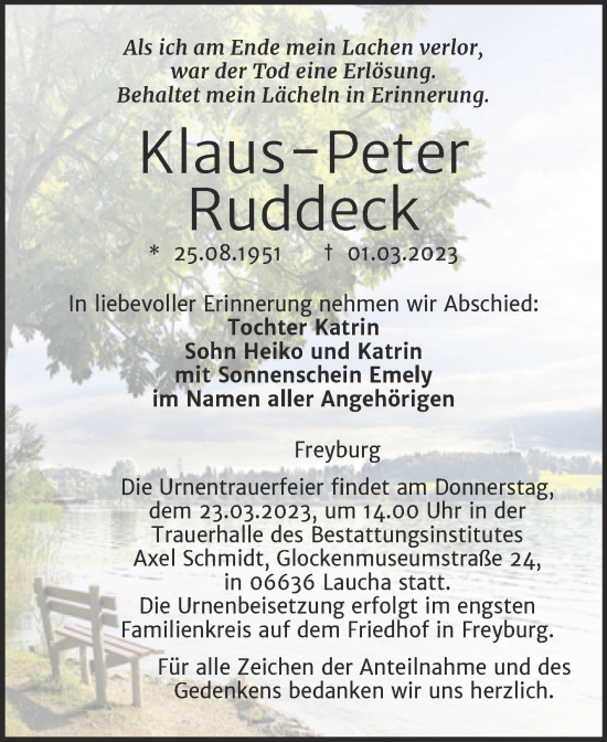 Traueranzeige von Klaus-Peter Ruddeck von Wochenspiegel Naumburg/Nebra