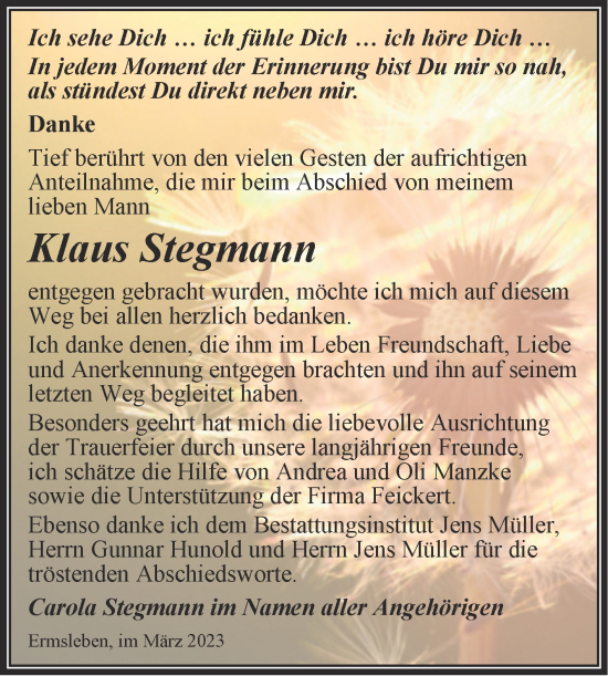 Traueranzeige von Klaus Stegmann von Trauerkombi Quedlinburg