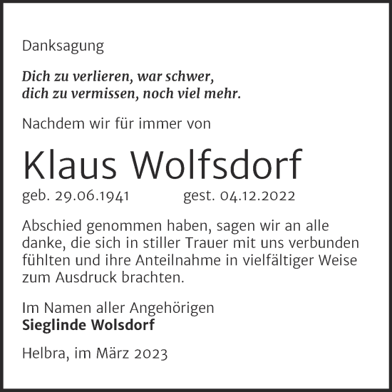 Traueranzeige von Klaus Wolfsdorf von Mitteldeutsche Zeitung Mansfelder Land