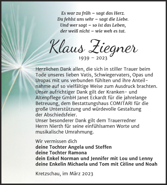 Traueranzeige von Klaus Ziegner von Trauerkombi Zeitz